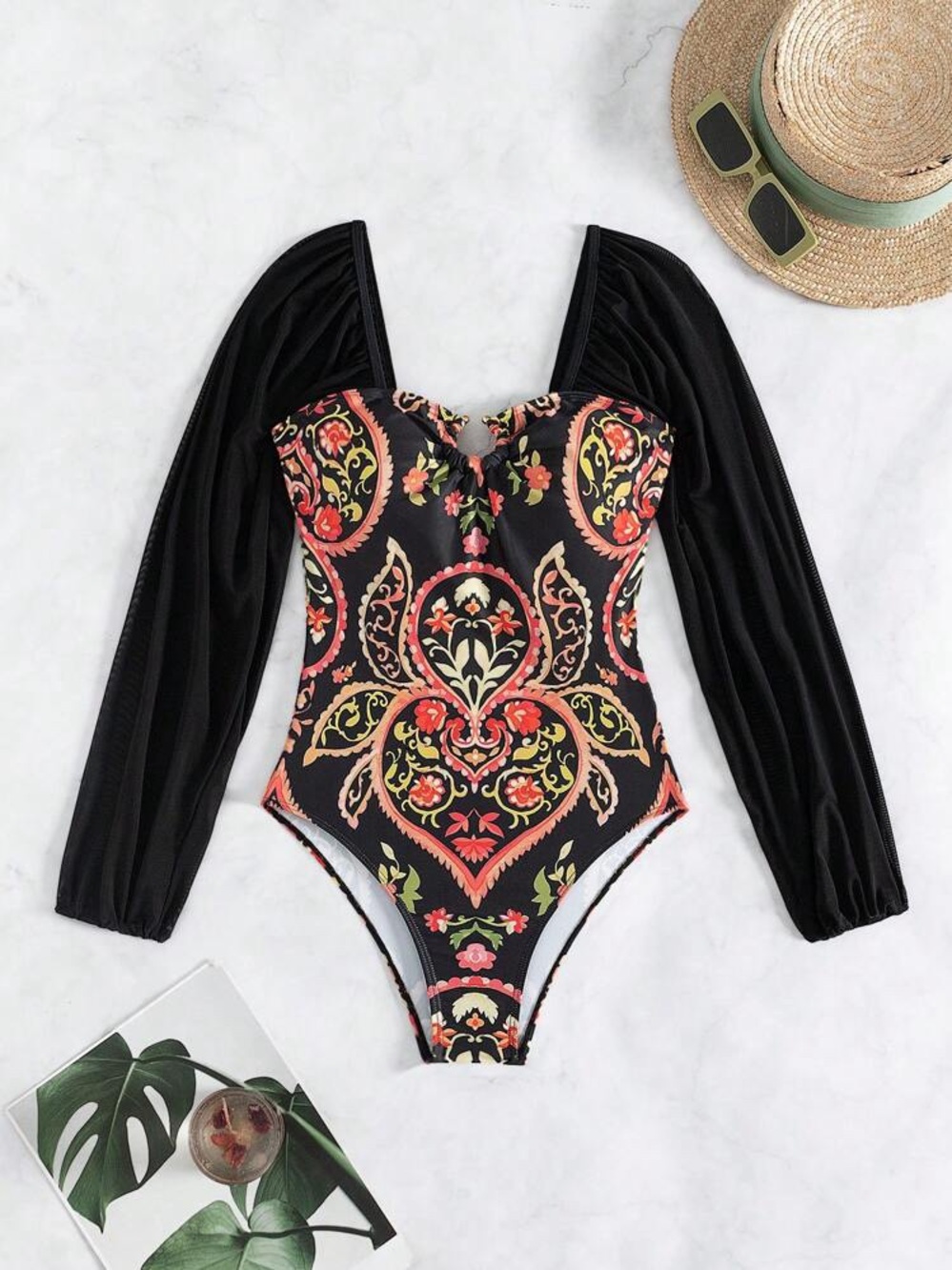 NWOT Paisley Floral Sheer Long Sleeve One-Piece Bathing Suit Swimsuit